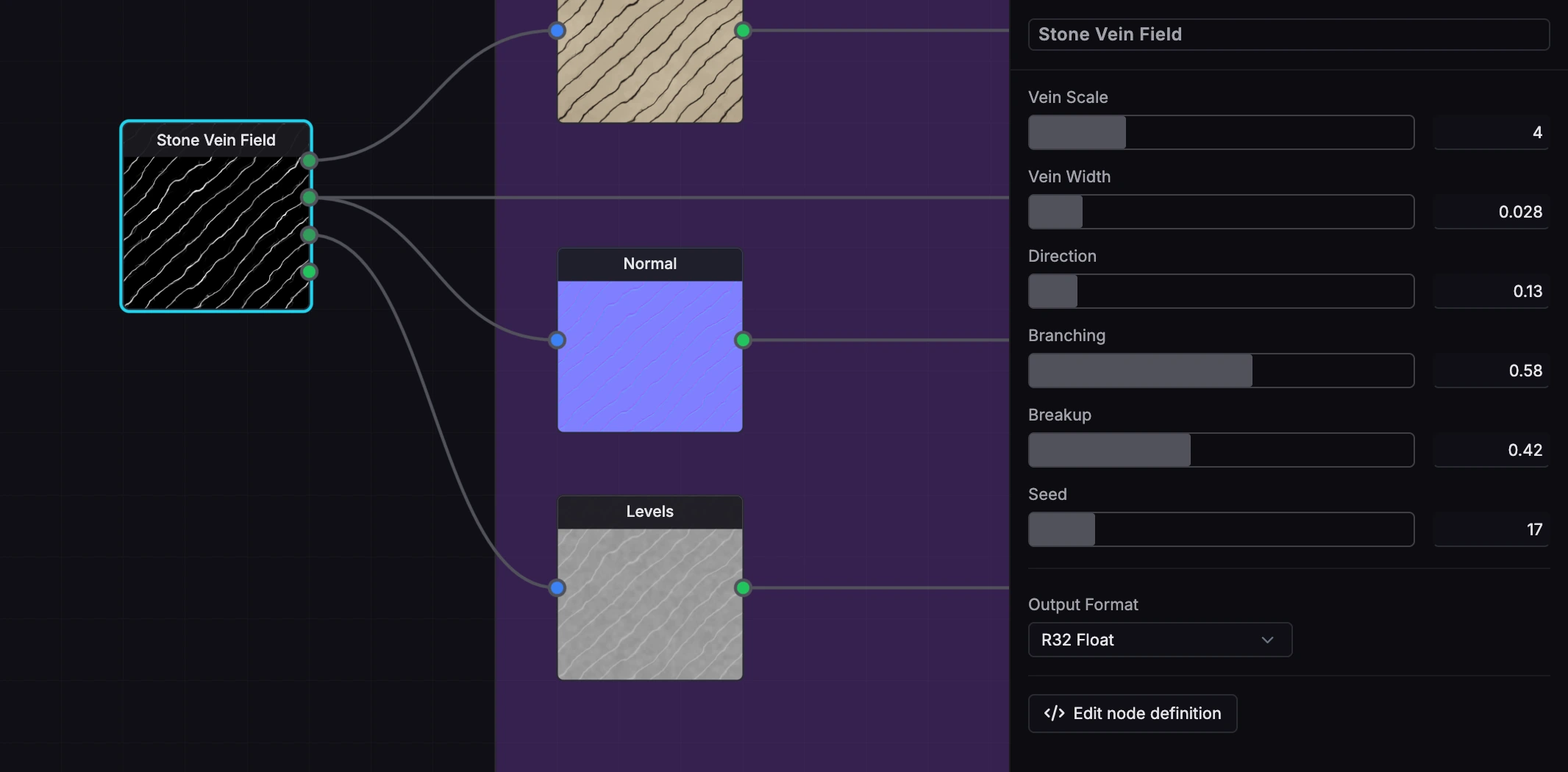 The Aqueduct editor with Stone Vein Field selected and its parameters visible