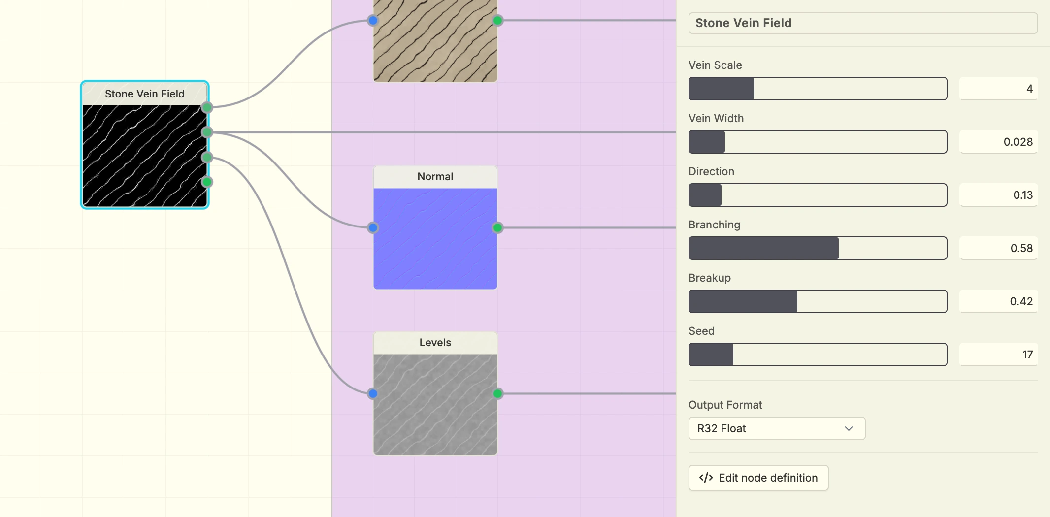 The Aqueduct editor with Stone Vein Field selected and its parameters visible